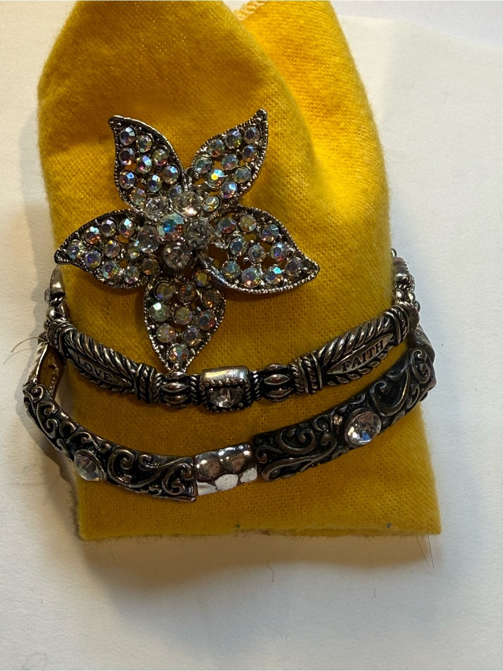 Crystal Flower Brooch in Yellow with Silver Accents